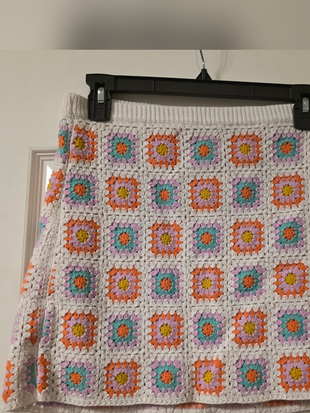 art class White Crochet Mini Skirt with Orange, Pink, Teal & Yellow Squares